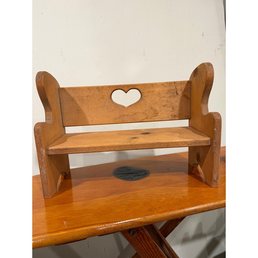 Vintage Rustic Pine Wood Tabletop Bookshelf Heart Cutout Small Bench